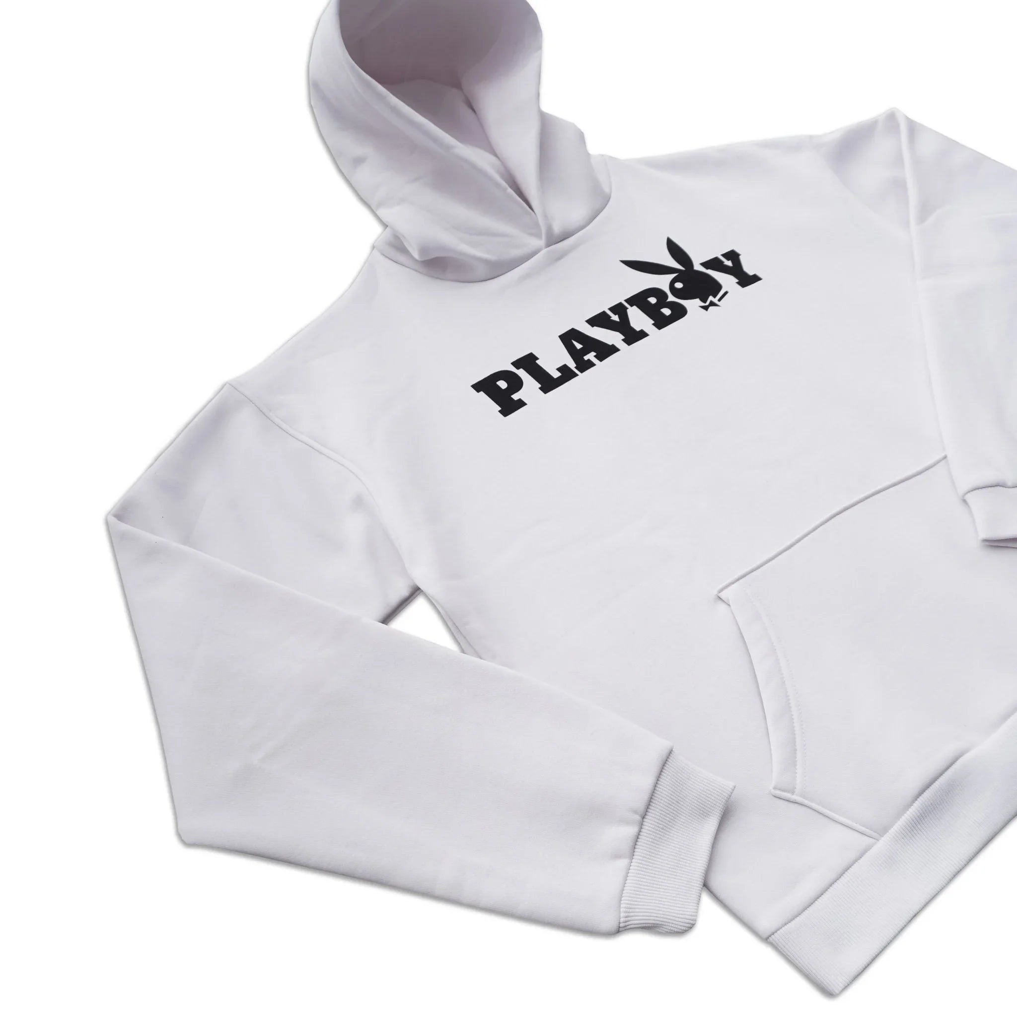 White hoodie with large black PLAYBOY text and bunny logo, front pocket, laid flat