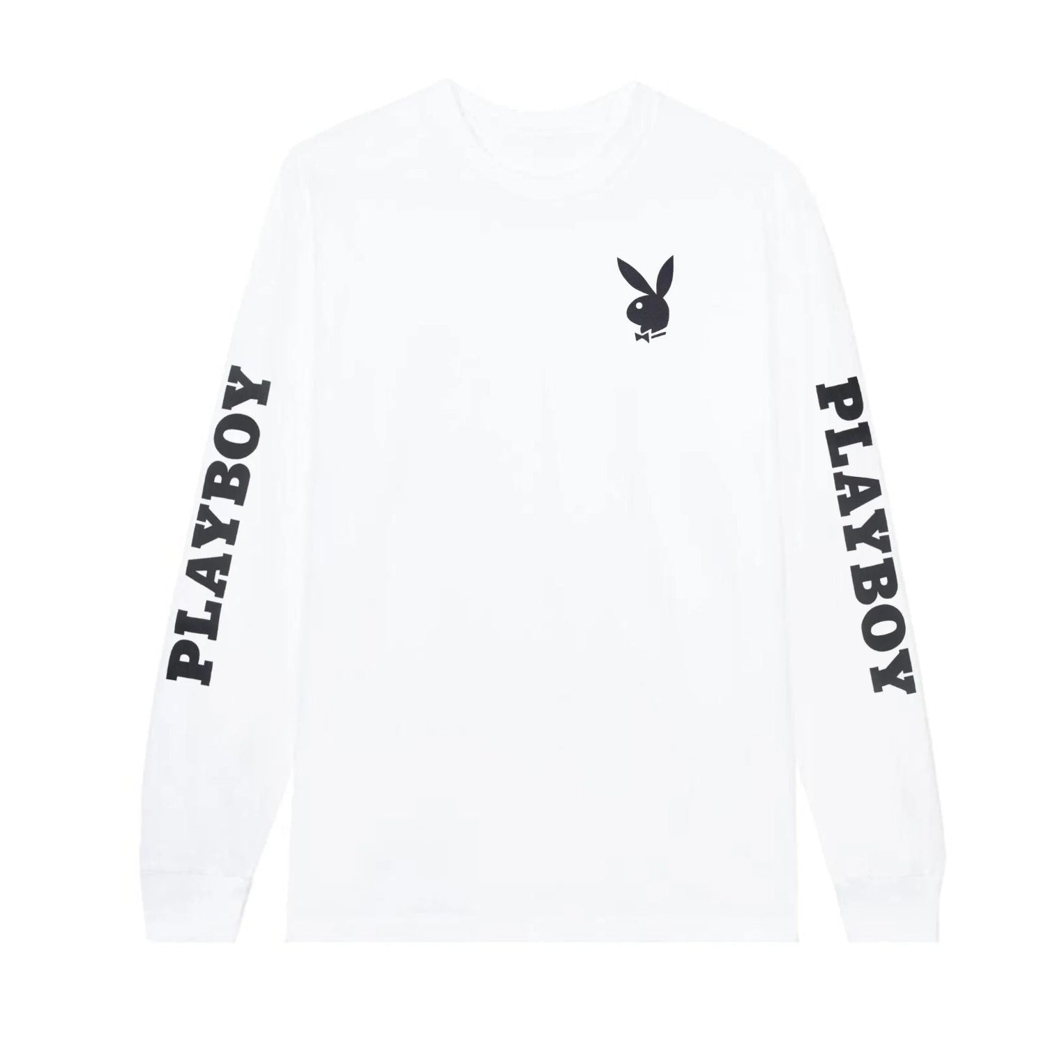 White long sleeve t-shirt with black rabbit head logo and PLAYBOY text on both sleeves