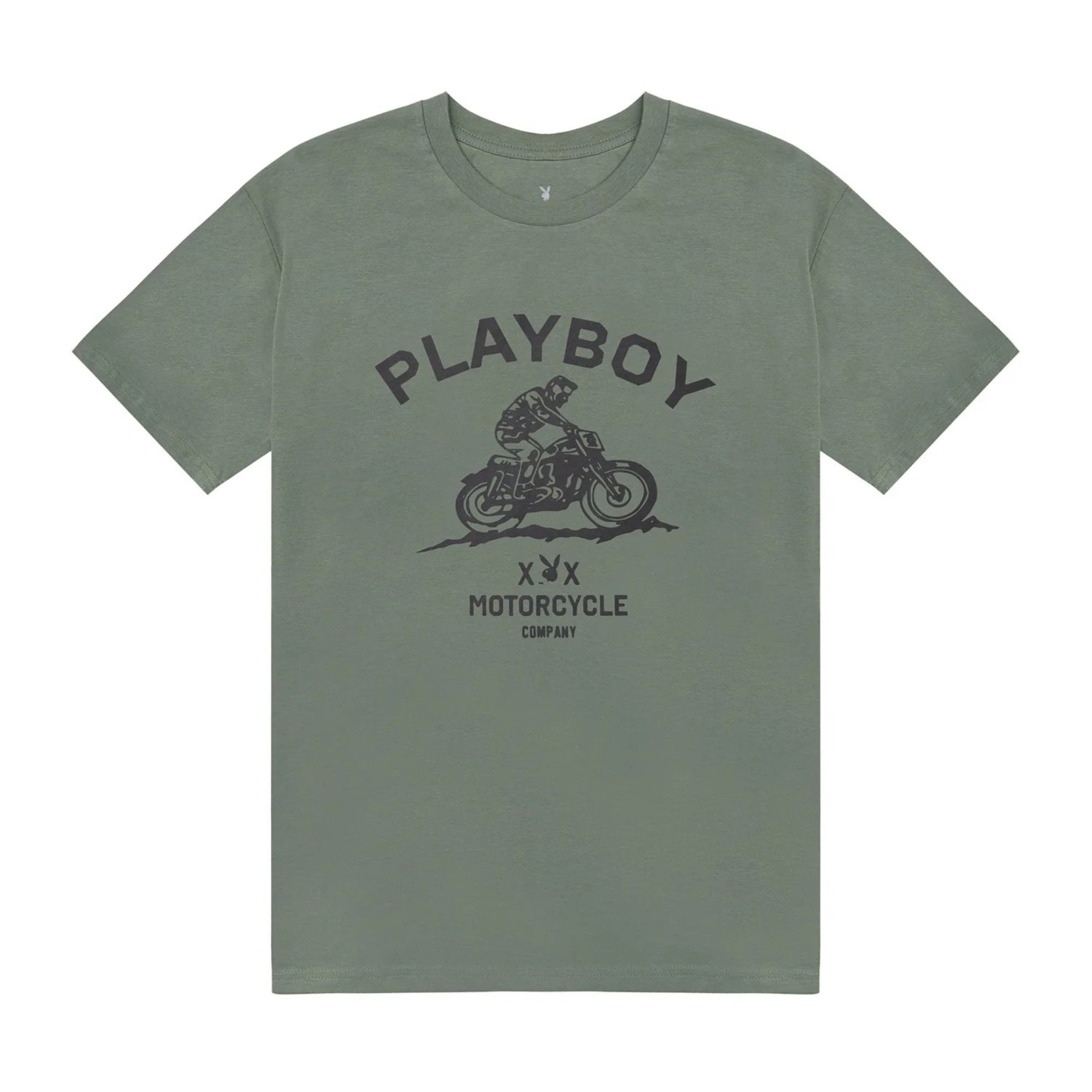 Olive green t-shirt with black graphic of motorcyclist and text reading Playboy Motorcycle Company.