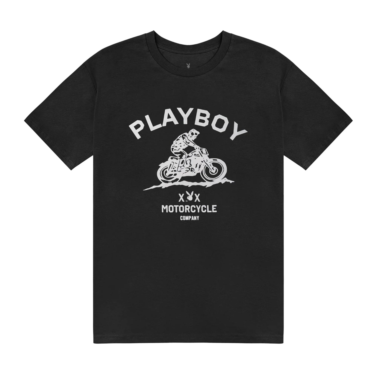 Black t-shirt featuring a vintage motorcycle graphic and bold 'Playboy Motorcycle Company' text.