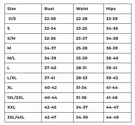Women's size chart for bust, waist, and hips in various size ranges from S to 3XL.
