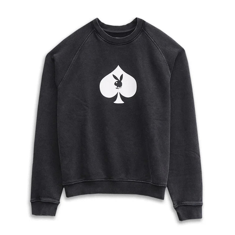 Black sweatshirt with large white spade logo and bunny graphic on the front