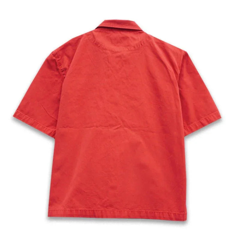 Back view of a red short sleeve button-up shirt with a classic collar
