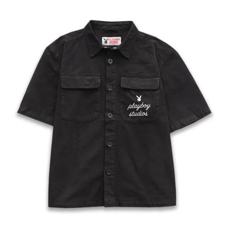Black short sleeve button-up shirt with playboy studios logo and chest pockets
