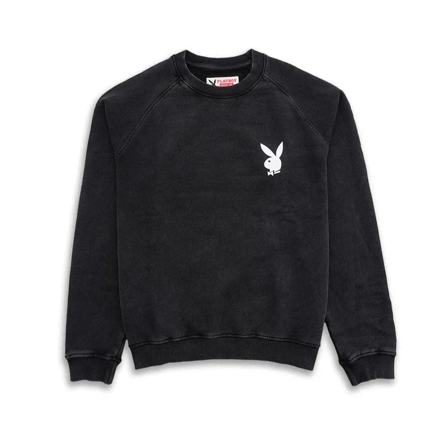 Black crewneck sweatshirt with white bunny logo on left chest, laid flat on white background