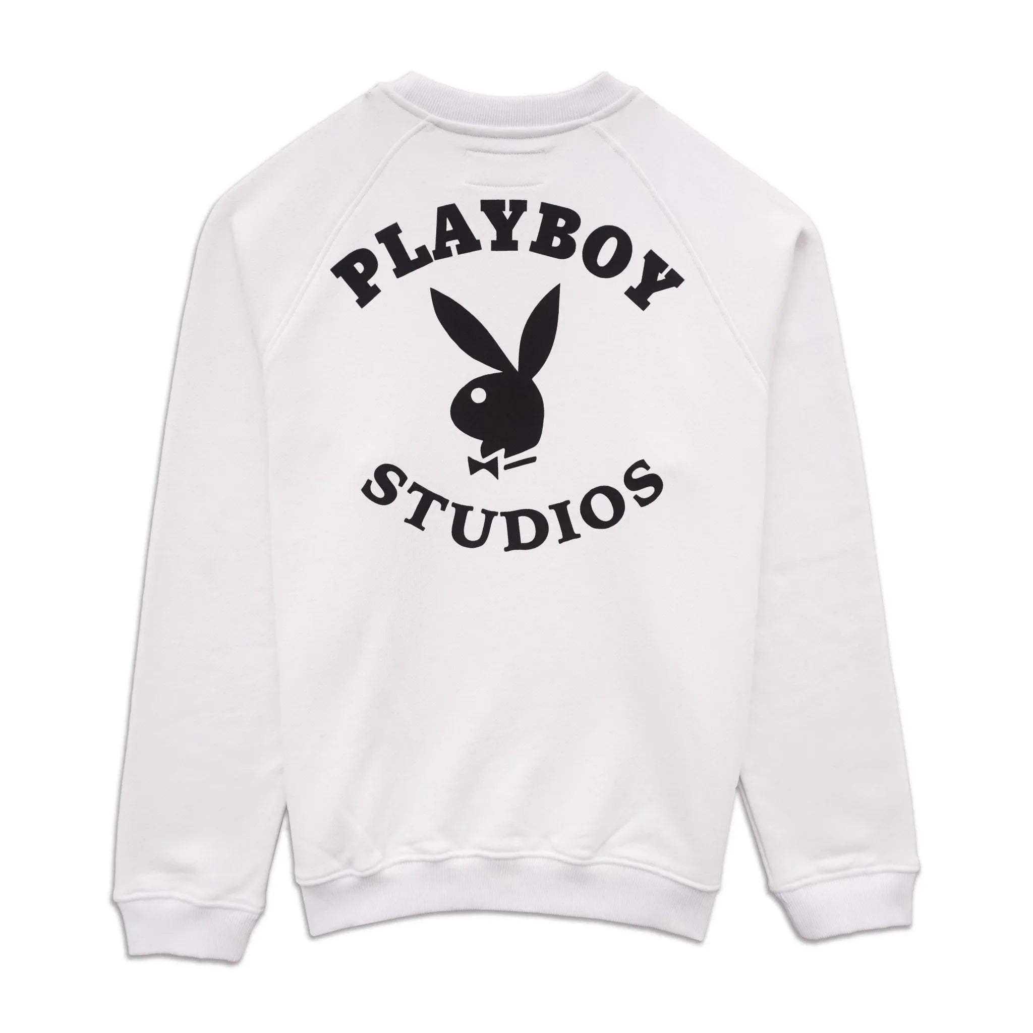 White sweatshirt with black Playboy Studios bunny logo and text on back