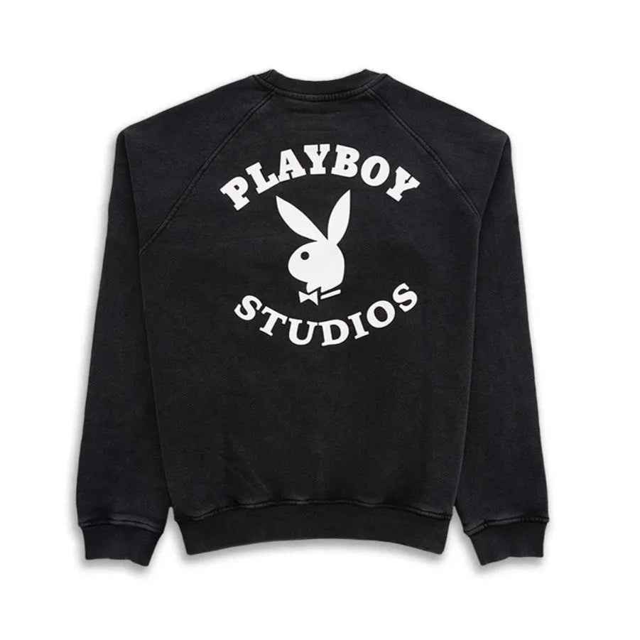 Black sweatshirt with white 'Playboy Studios' text and bunny logo on back