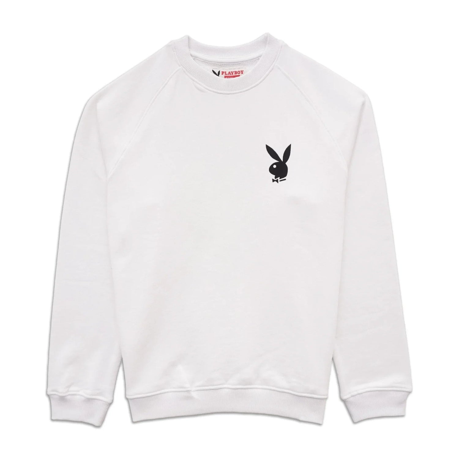 White crewneck sweatshirt with black bunny logo on chest