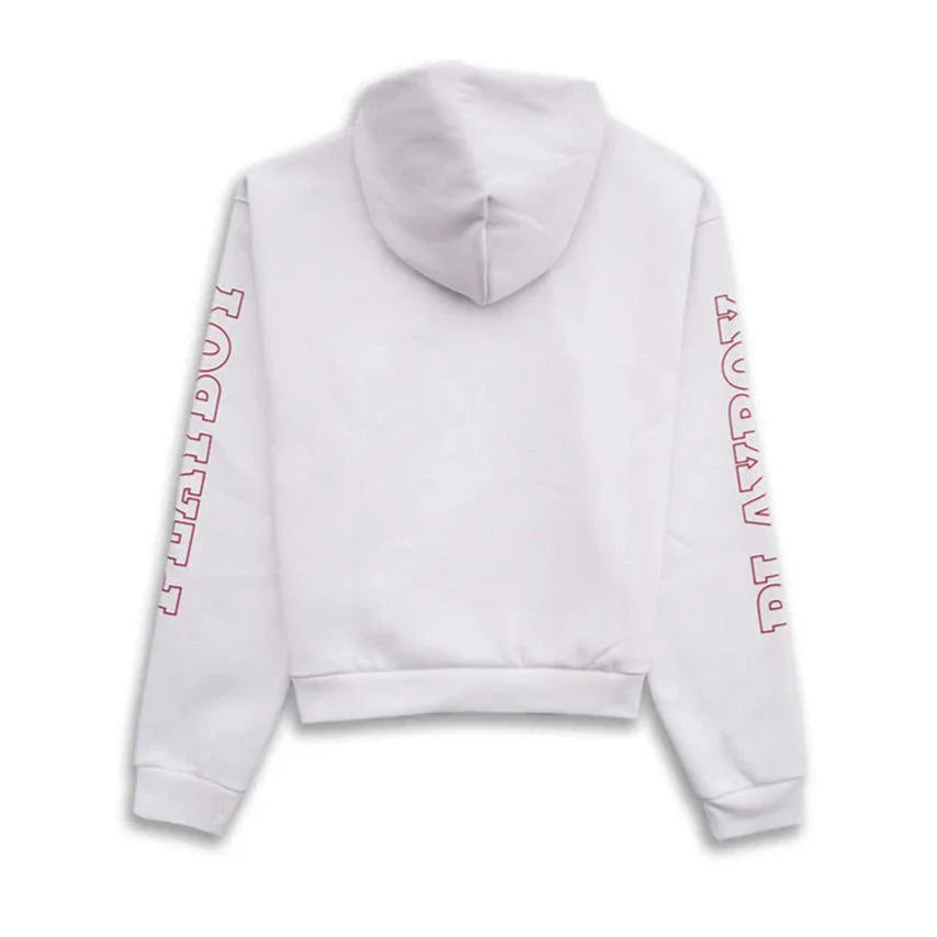White hoodie with red block lettering on both sleeves, laid flat on a white background.