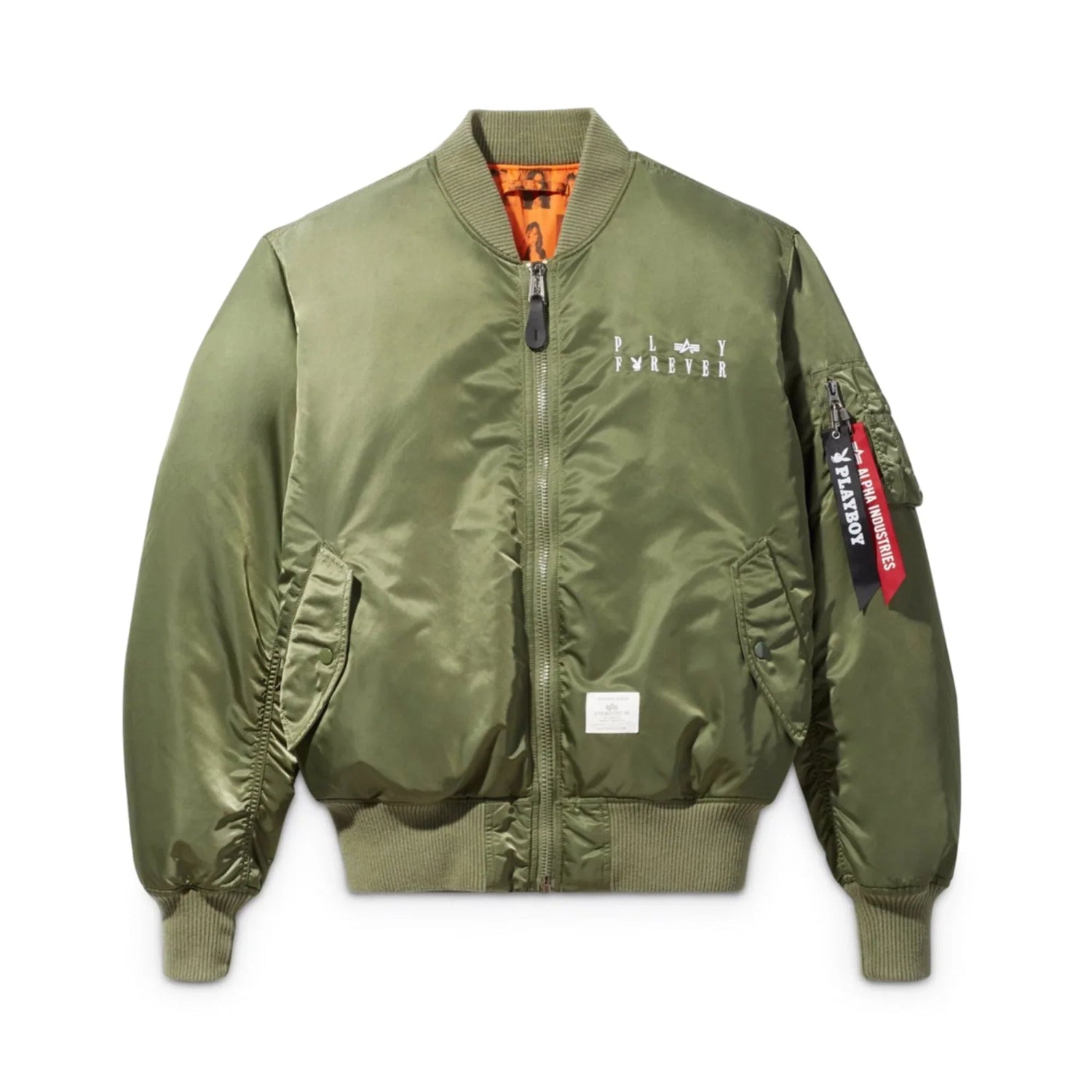 Olive green reversible MA-1 flight jacket with patch details and utility sleeve pocket.