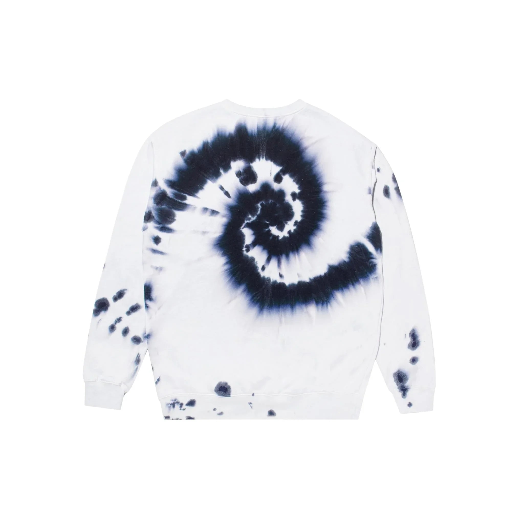 White crewneck sweatshirt with black spiral tie-dye pattern on the back, long sleeves