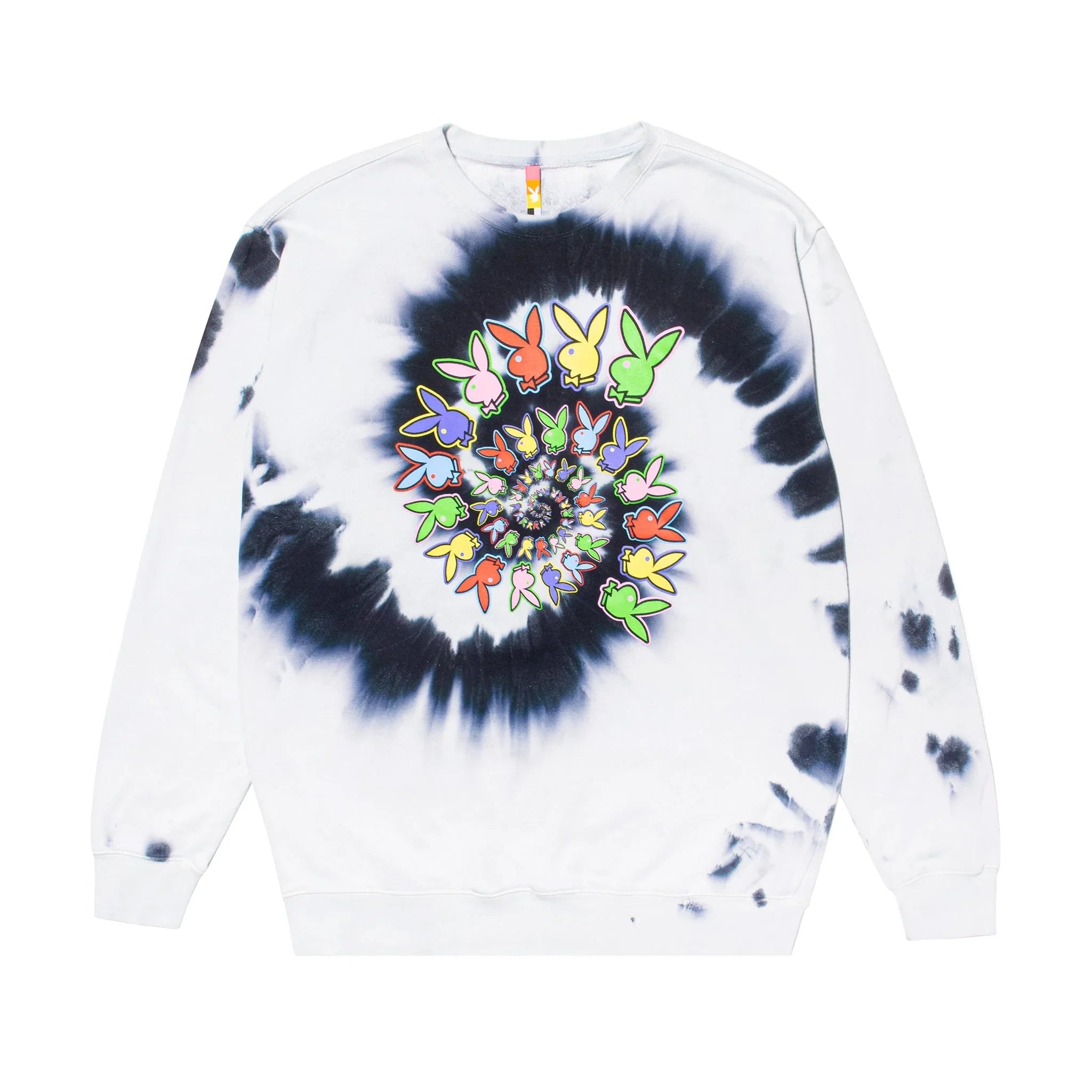 White and black spiral tie-dye crewneck sweatshirt with colorful bunny head graphics.