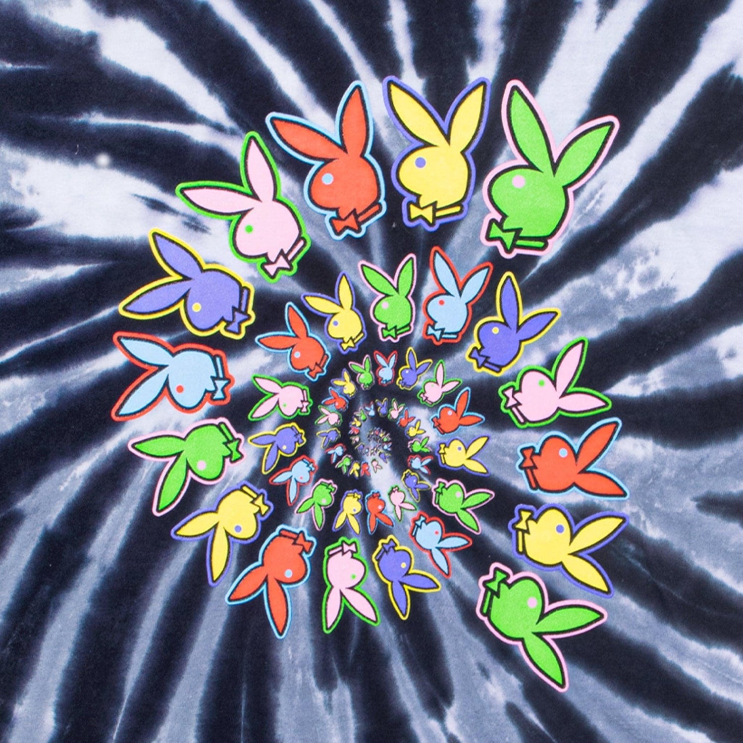 Spiral tie-dye shirt with colorful bunny head pattern in swirling design