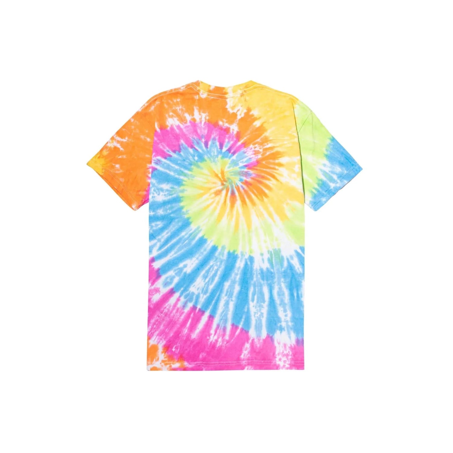Colorful spiral tie-dye t-shirt with blue, pink, yellow, orange, and green patterns