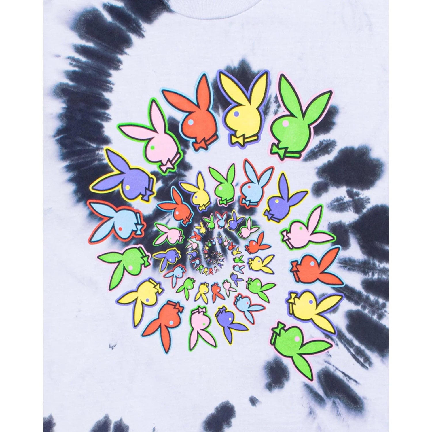 Spiral tie-dye t-shirt with colorful bunny graphics in concentric circles