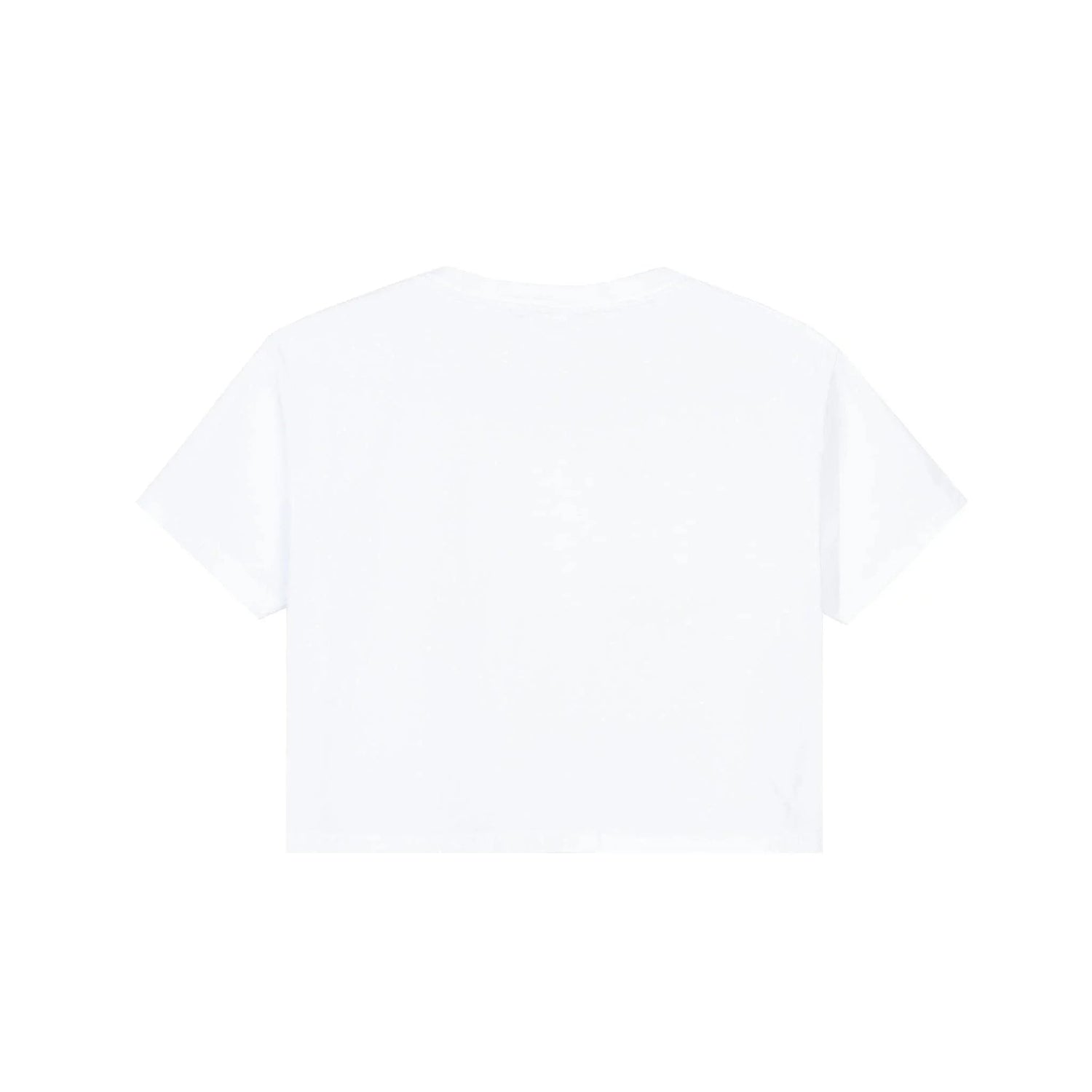 Back view of a plain white women's cropped t-shirt with short sleeves on a white background.