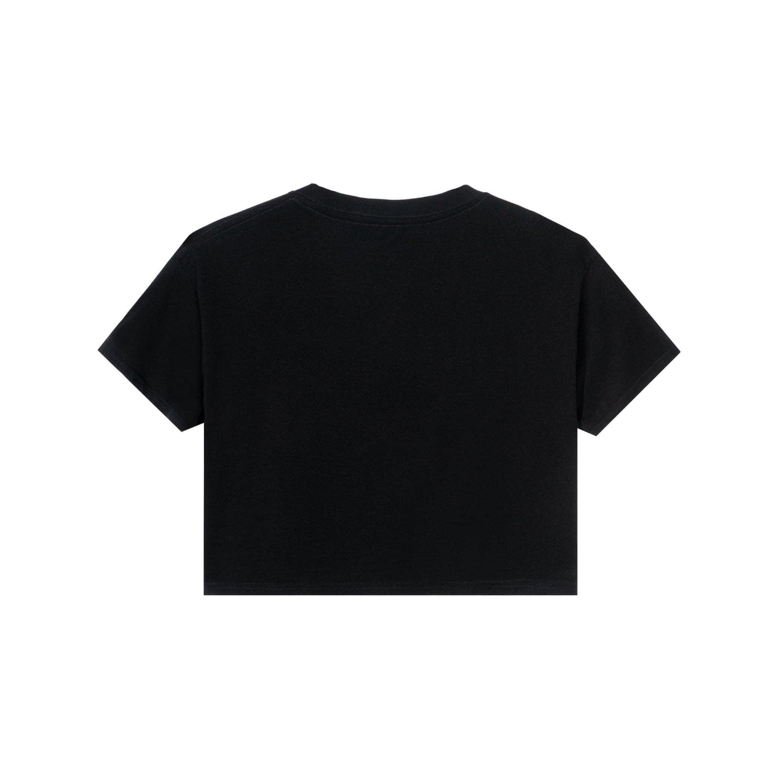 Back view of plain black women's cropped t-shirt with short sleeves on white background.