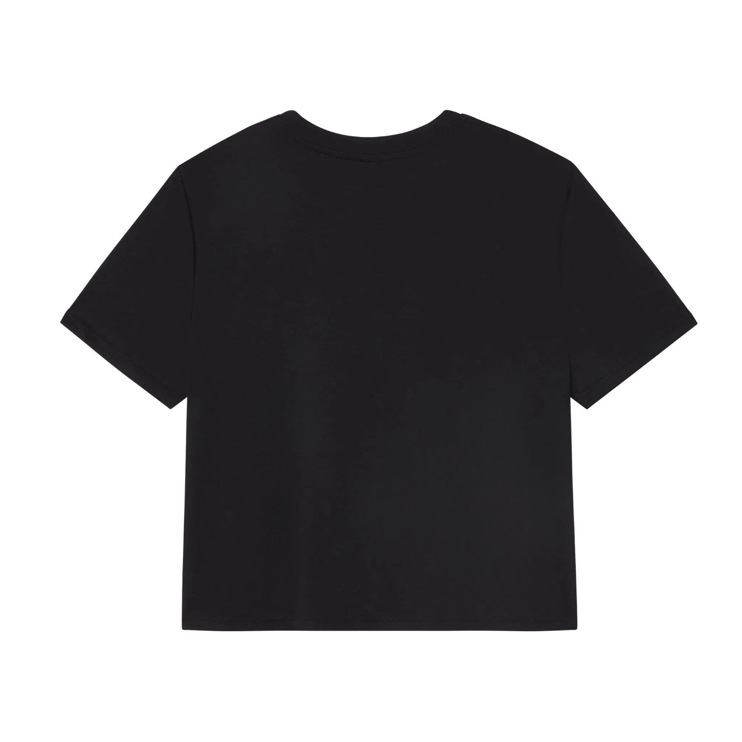 Back view of a plain black women's cropped t-shirt with short sleeves.