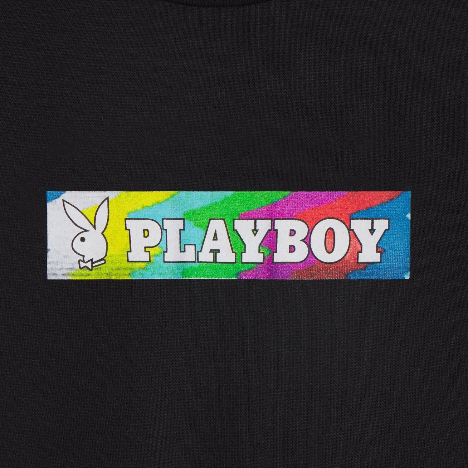 Black cropped t-shirt with colorful rainbow rectangle and white bunny logo graphic on chest
