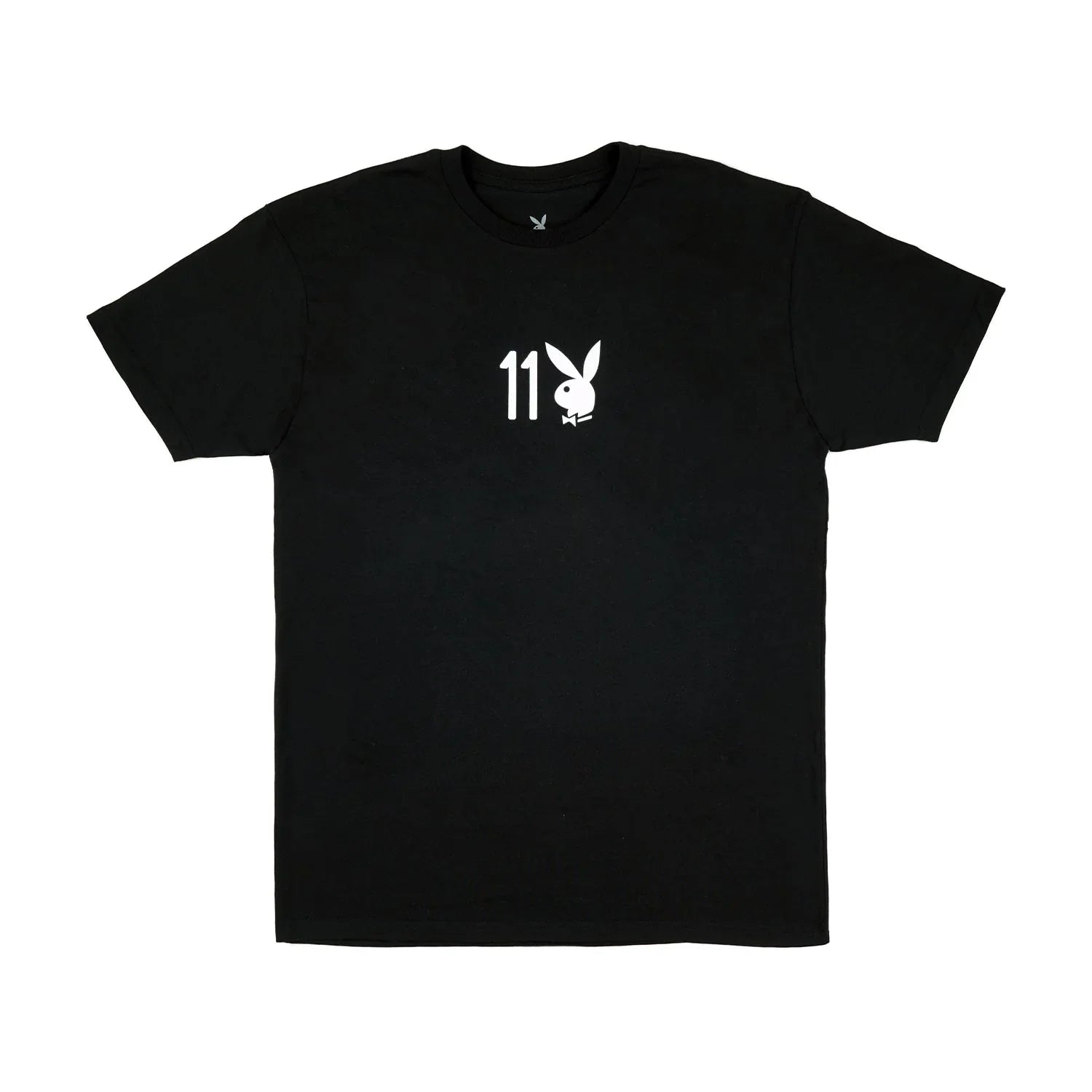 Black t-shirt with white number 11 and rabbit head logo on chest, streetwear style