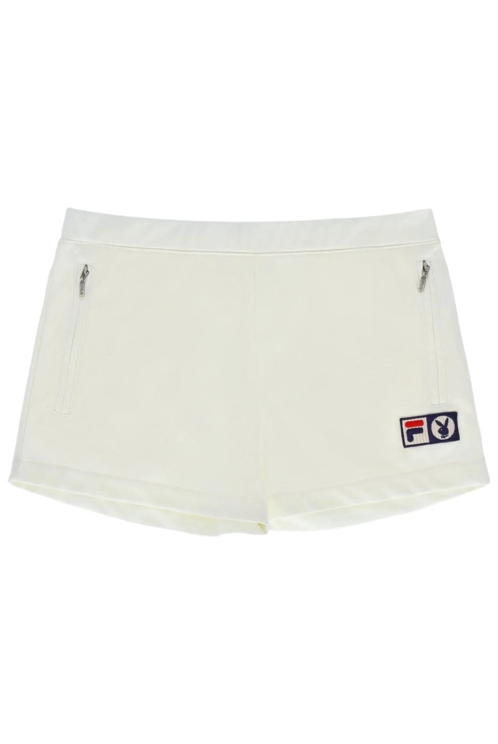 White women's athletic shorts with zippered pockets and Fila x Playboy patch on front