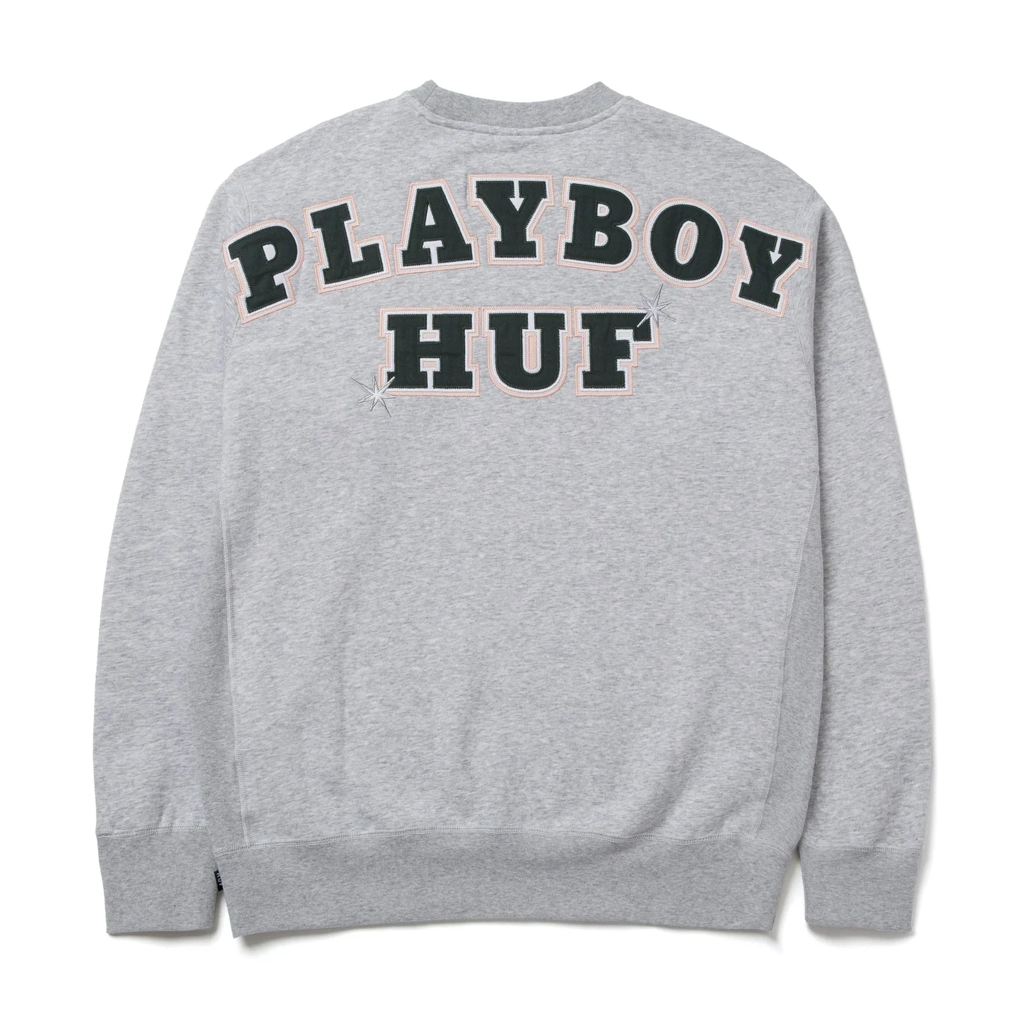 Grey crewneck sweatshirt with large PLAYBOY HUF text graphic on the back.