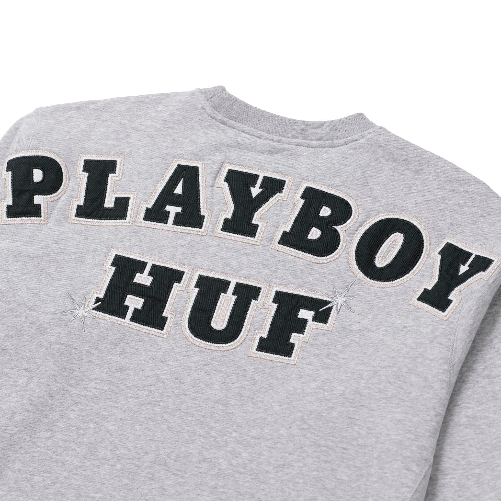 Grey crewneck sweatshirt with bold PLAYBOY HUF lettering and stitched star accents on back
