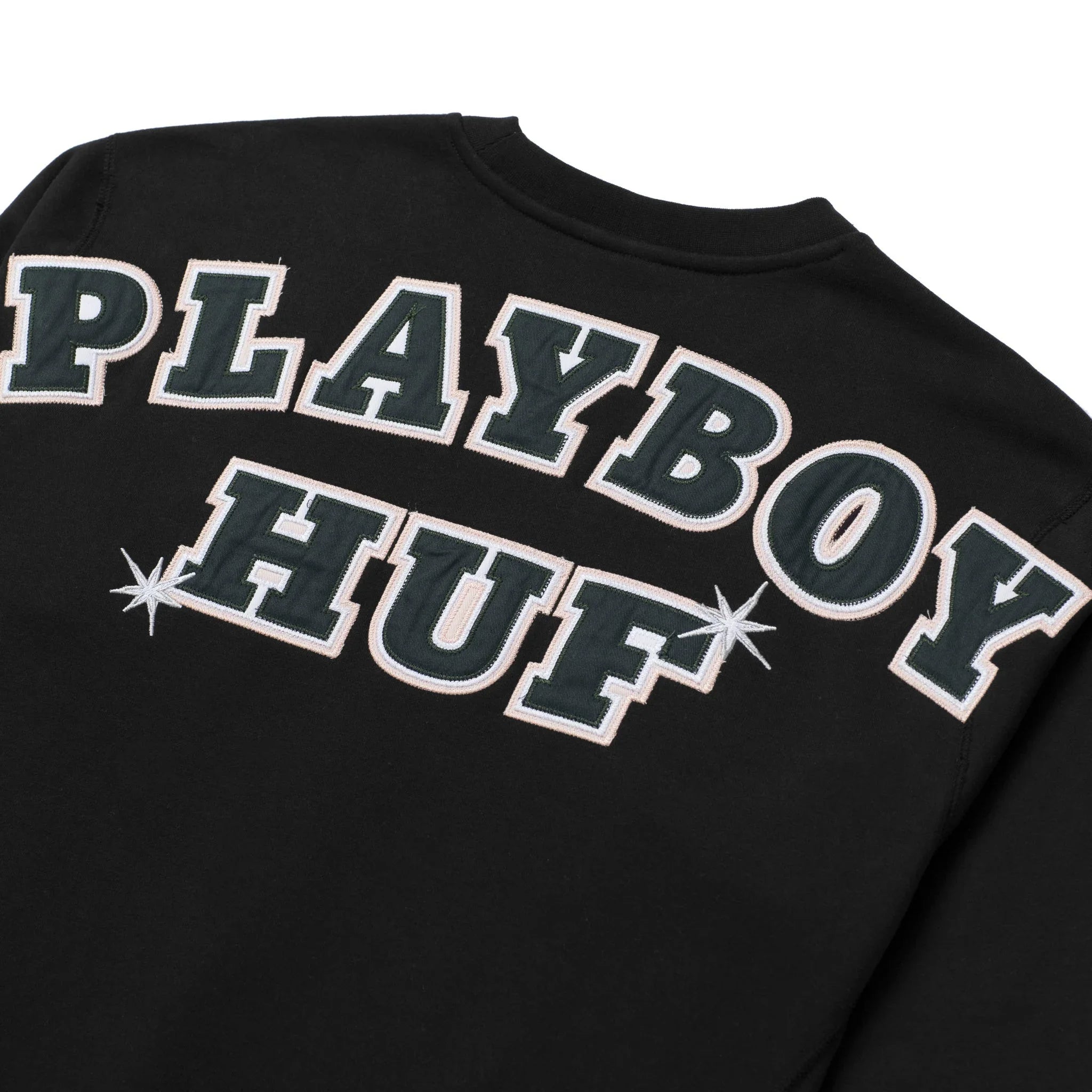 Black crewneck sweatshirt with PLAYBOY HUF embroidered varsity lettering on back