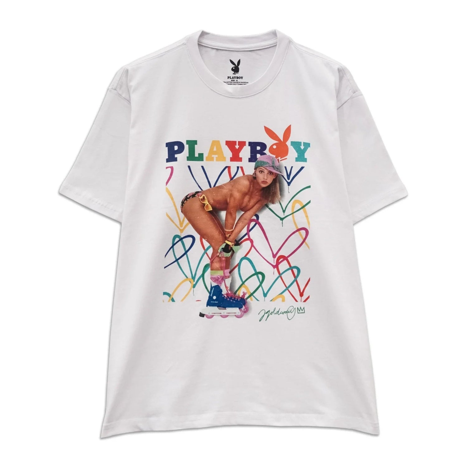 White graphic tee featuring a roller-skating woman in colorful street art style with rainbow hearts