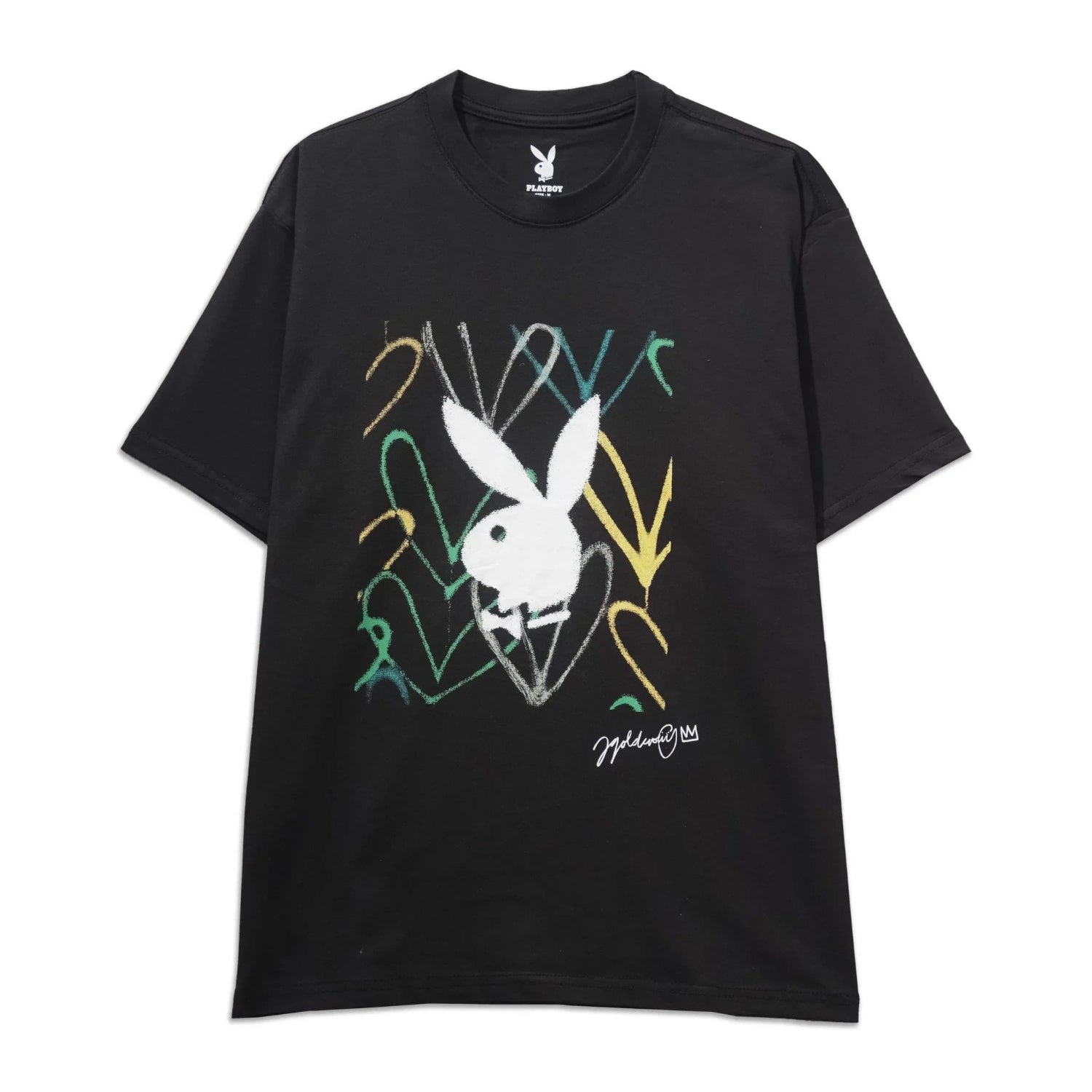 Black graphic streetwear tee with white rabbit head logo and colorful abstract accents on front
