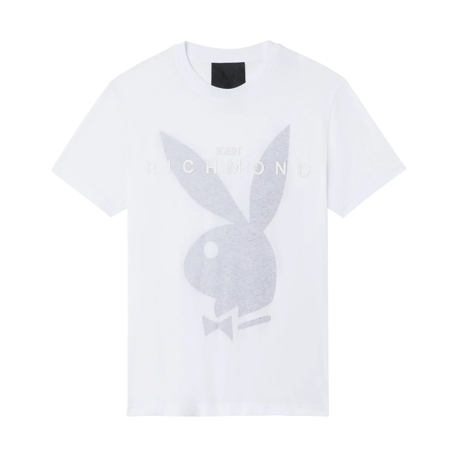 White graphic t-shirt with large rabbit head design and John Richmond text on front