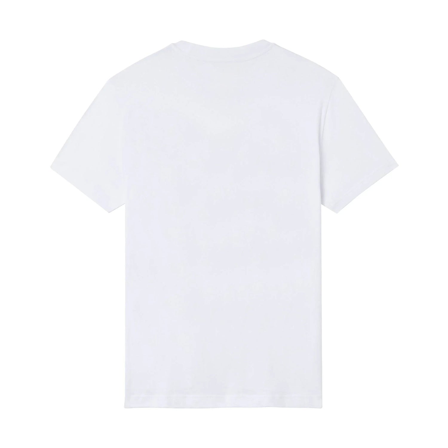 Plain white short sleeve t-shirt displayed flat, back side visible.