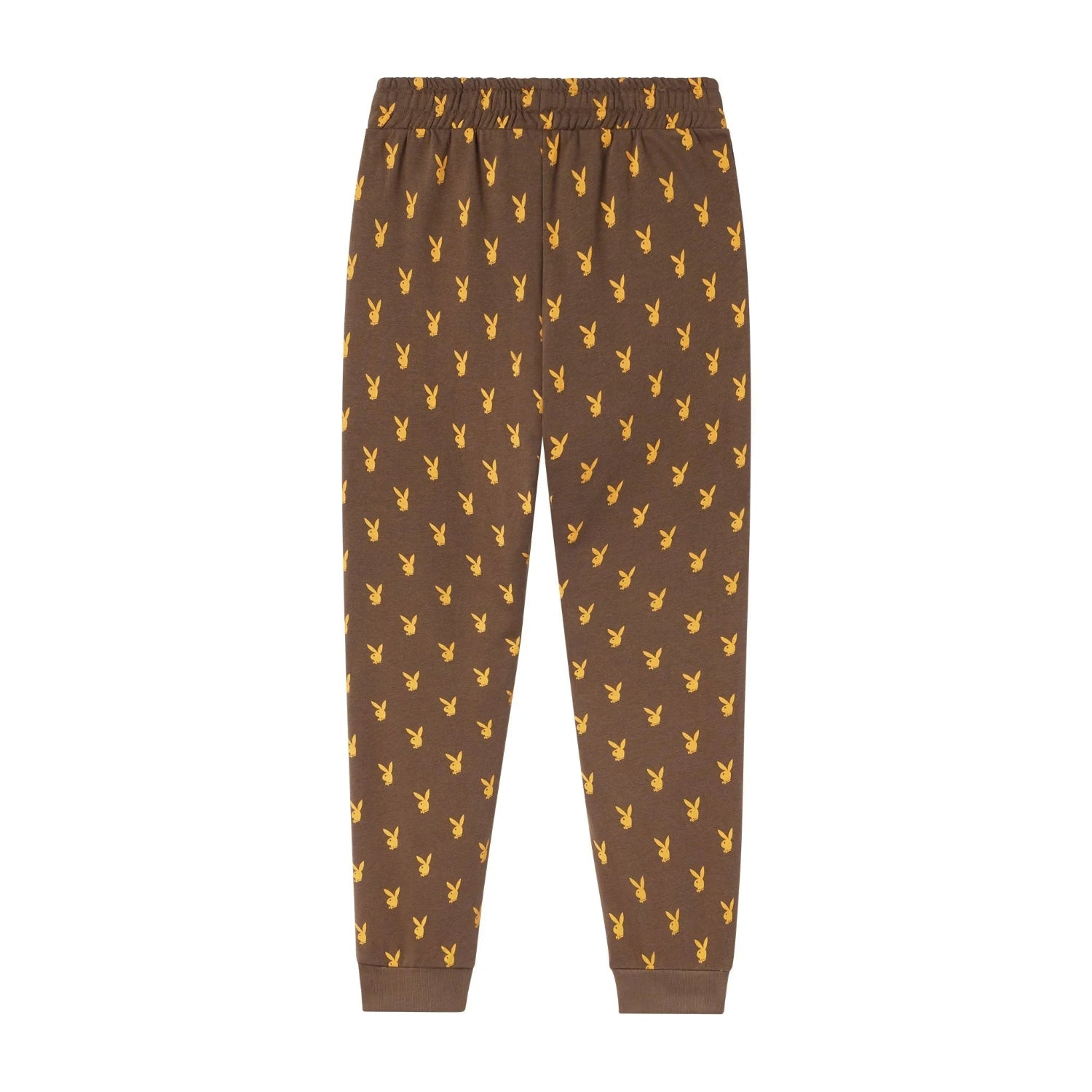 Brown sweatpants with repeating yellow rabbit head pattern, elastic waistband, cuffed ankles