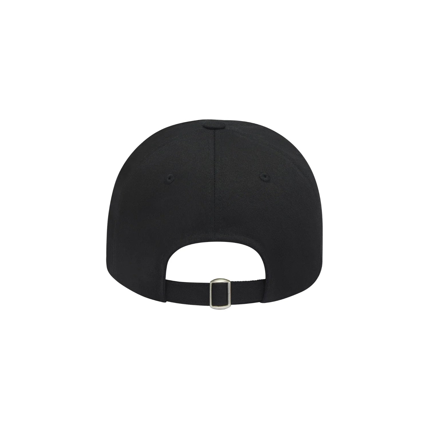 Back view of a black adjustable strapback hat with metal buckle detail
