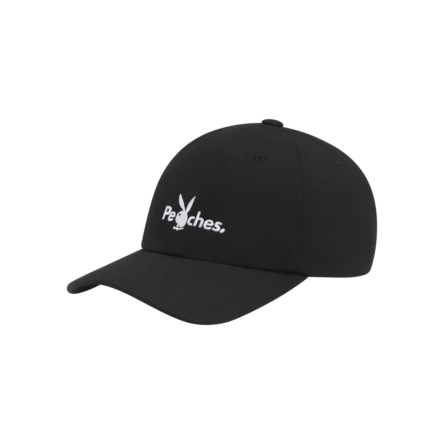 Black baseball cap with white embroidered Peaches text and bunny logo on front