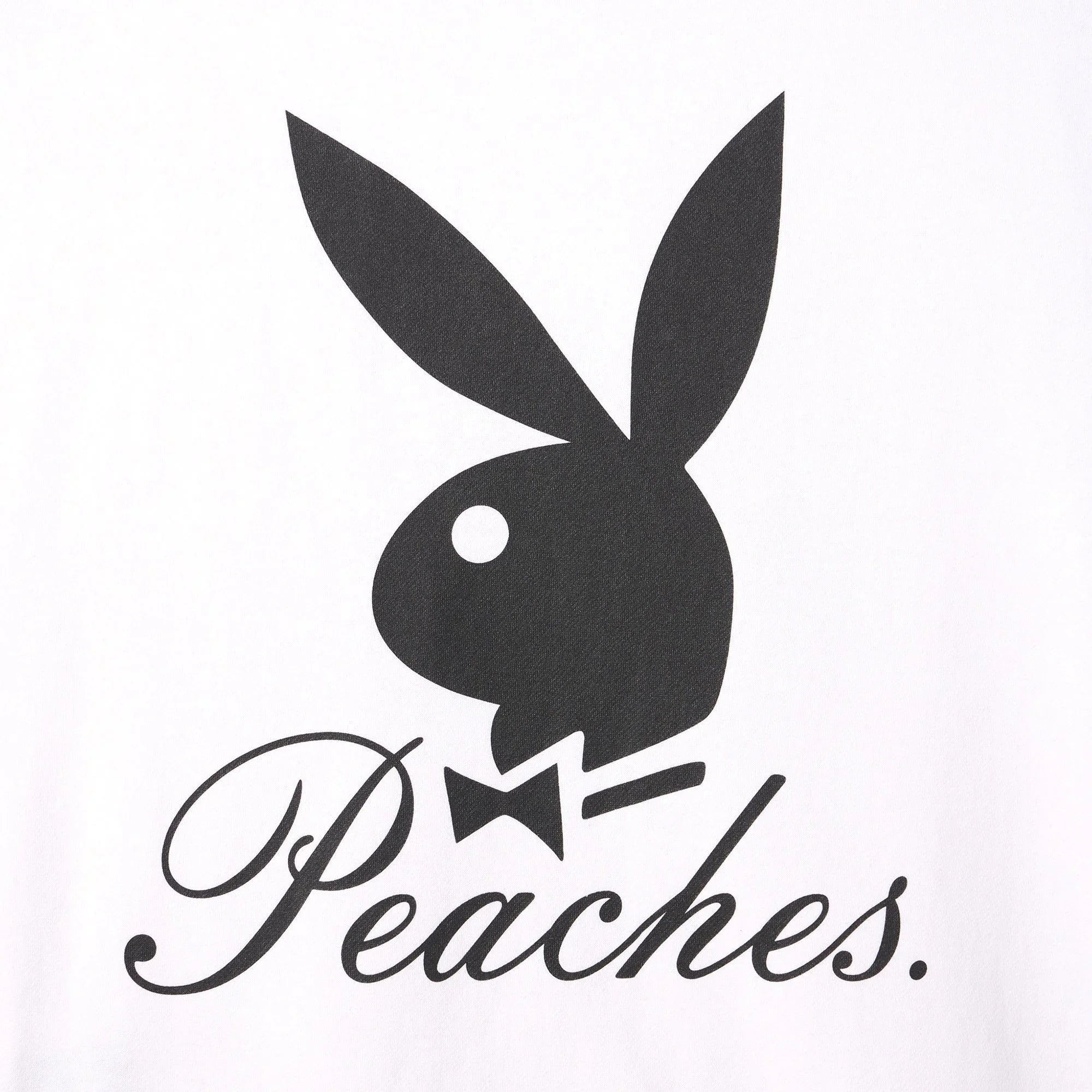 Black bunny head logo with bowtie and Peaches script on white crewneck sweatshirt