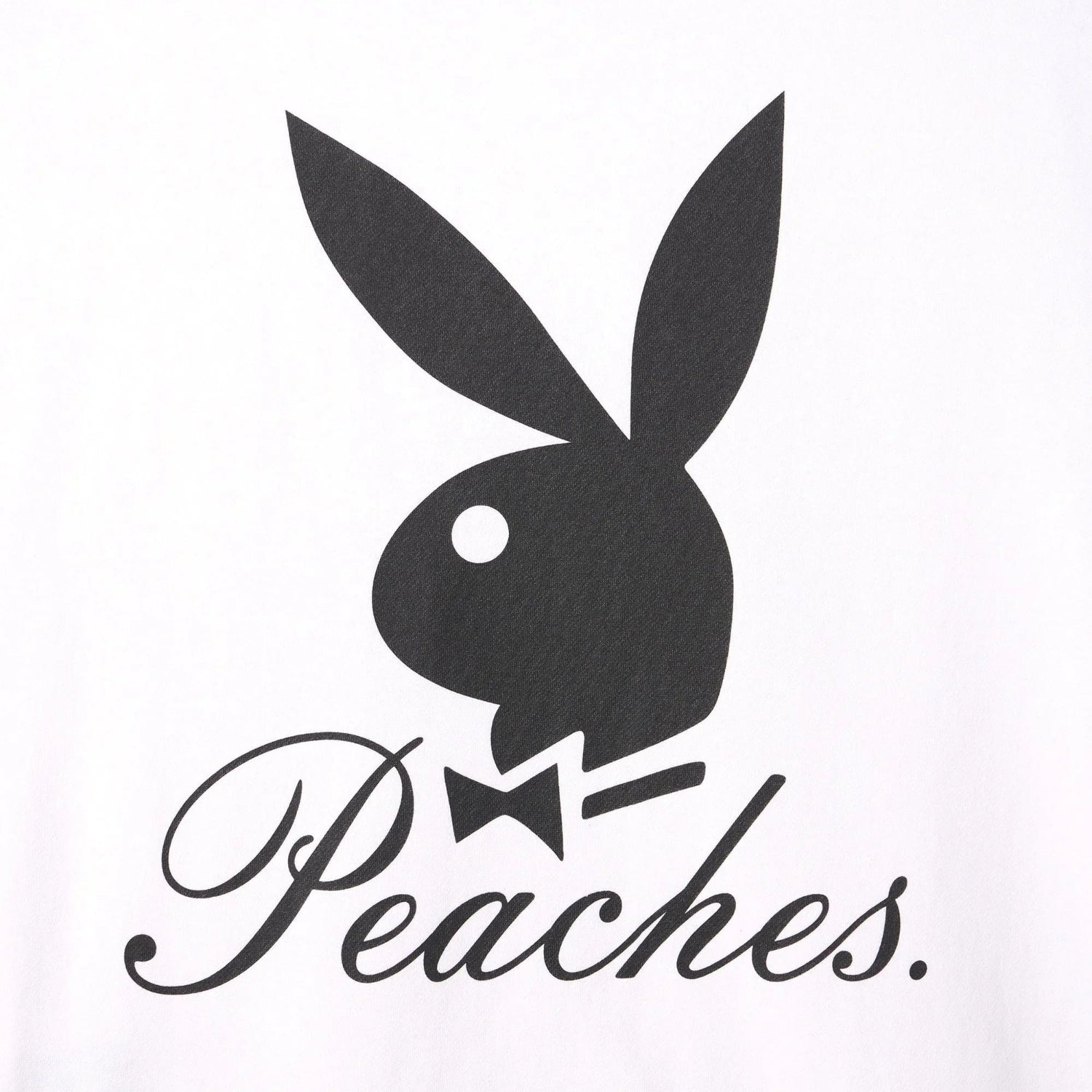 Black bunny head logo with bowtie and Peaches script on white crewneck sweatshirt