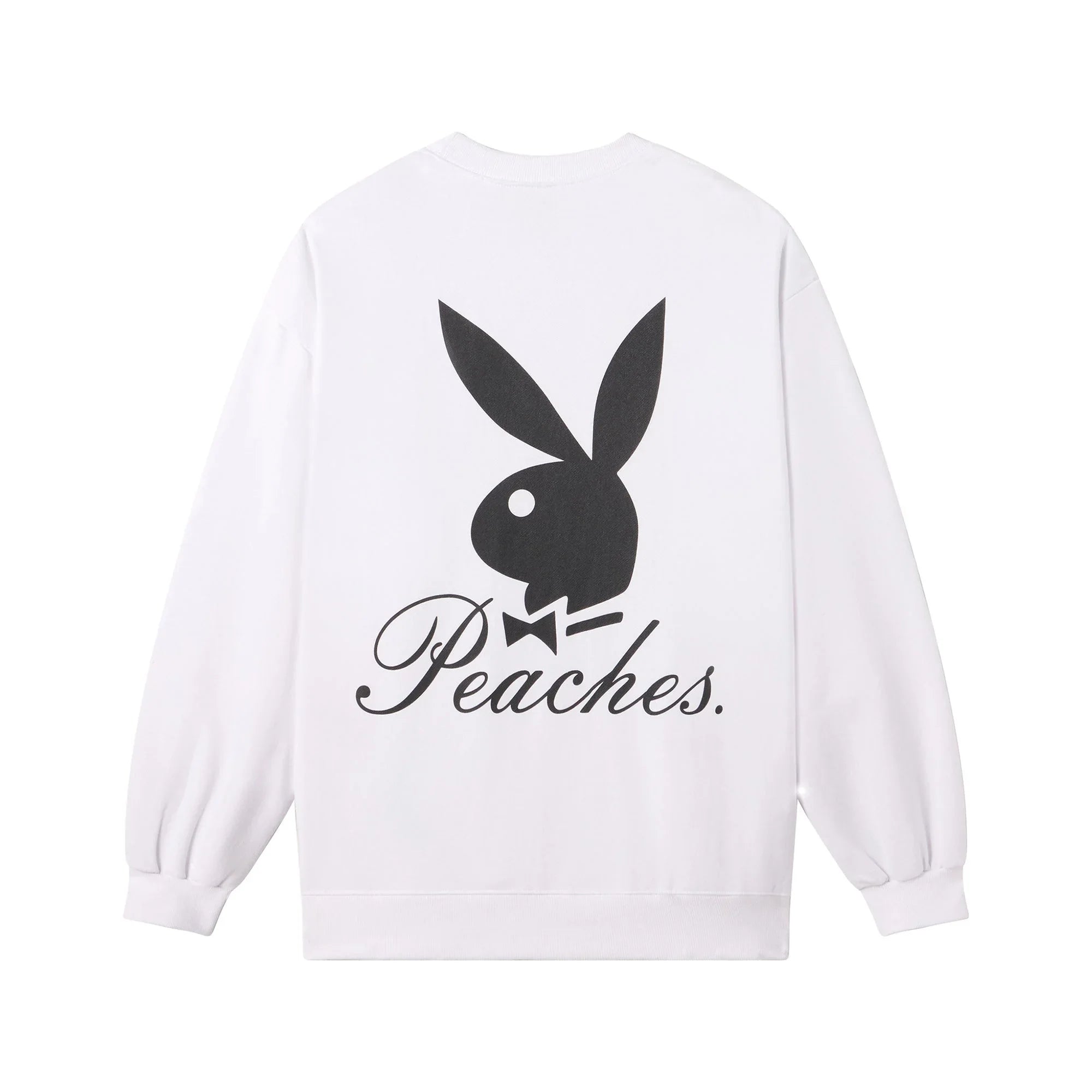 White crewneck sweatshirt with large black bunny graphic and 'Peaches.' script on the back