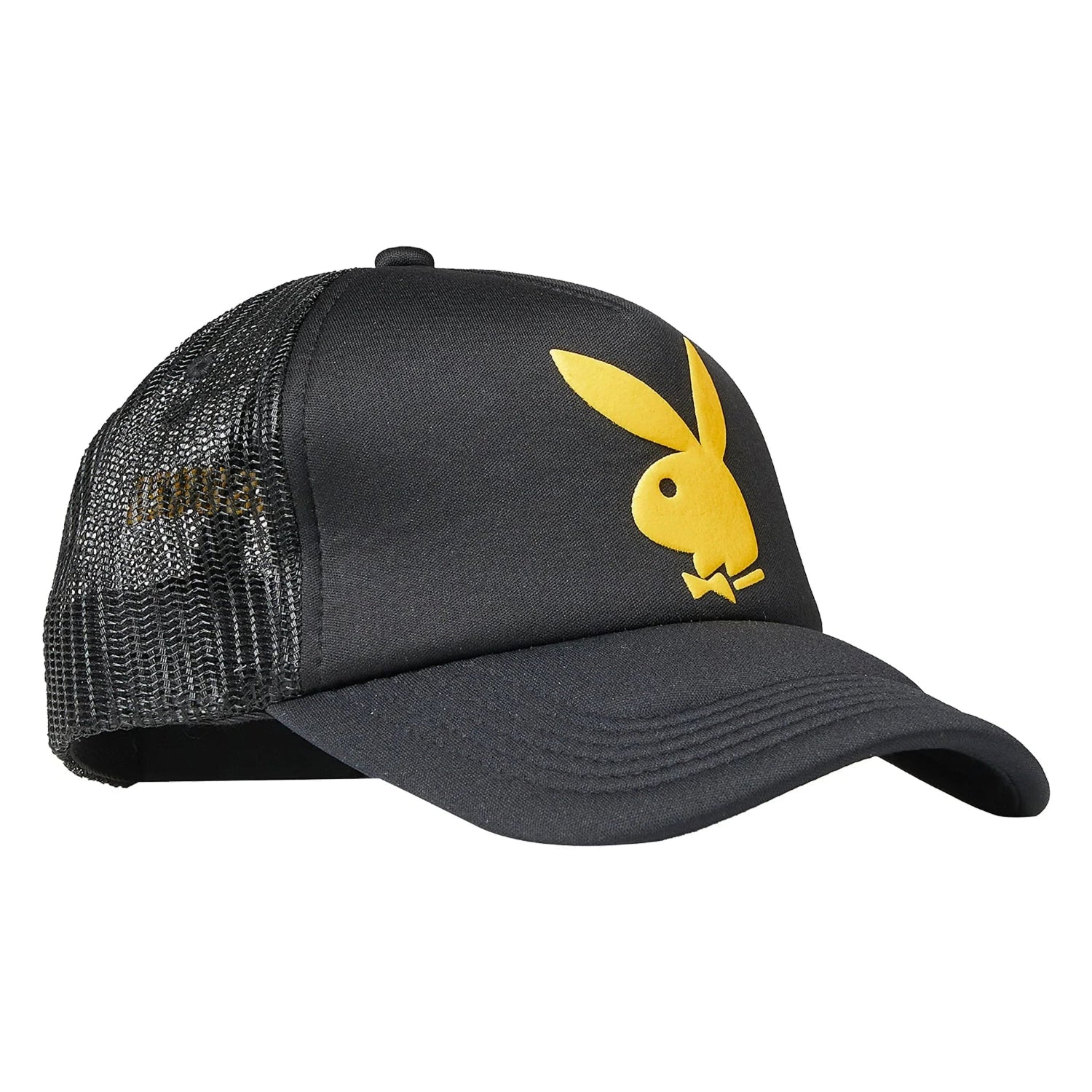 Black mesh trucker hat with large yellow bunny graphic on front panel
