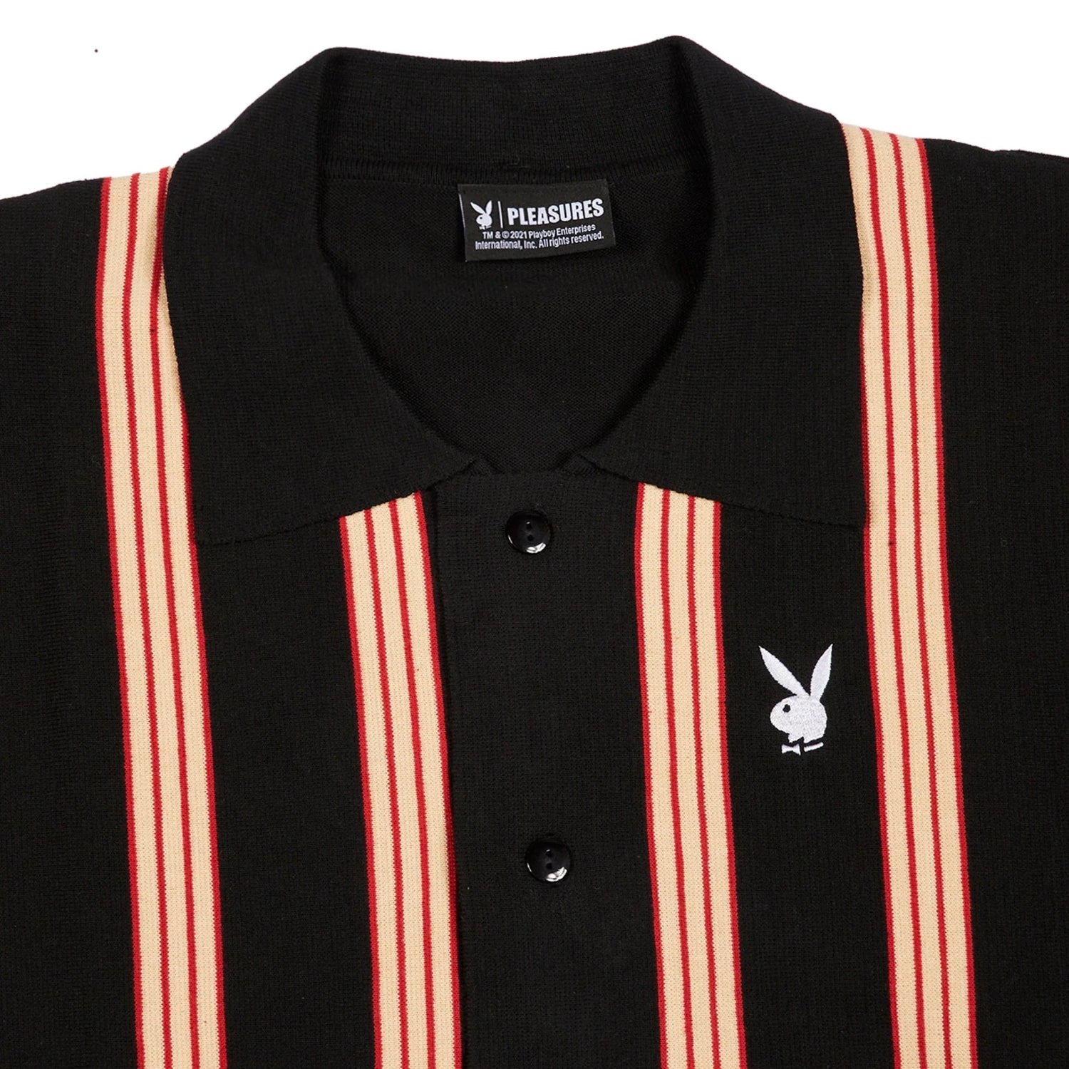 Black woven cardigan sweater with red and beige stripes and embroidered bunny logo on chest