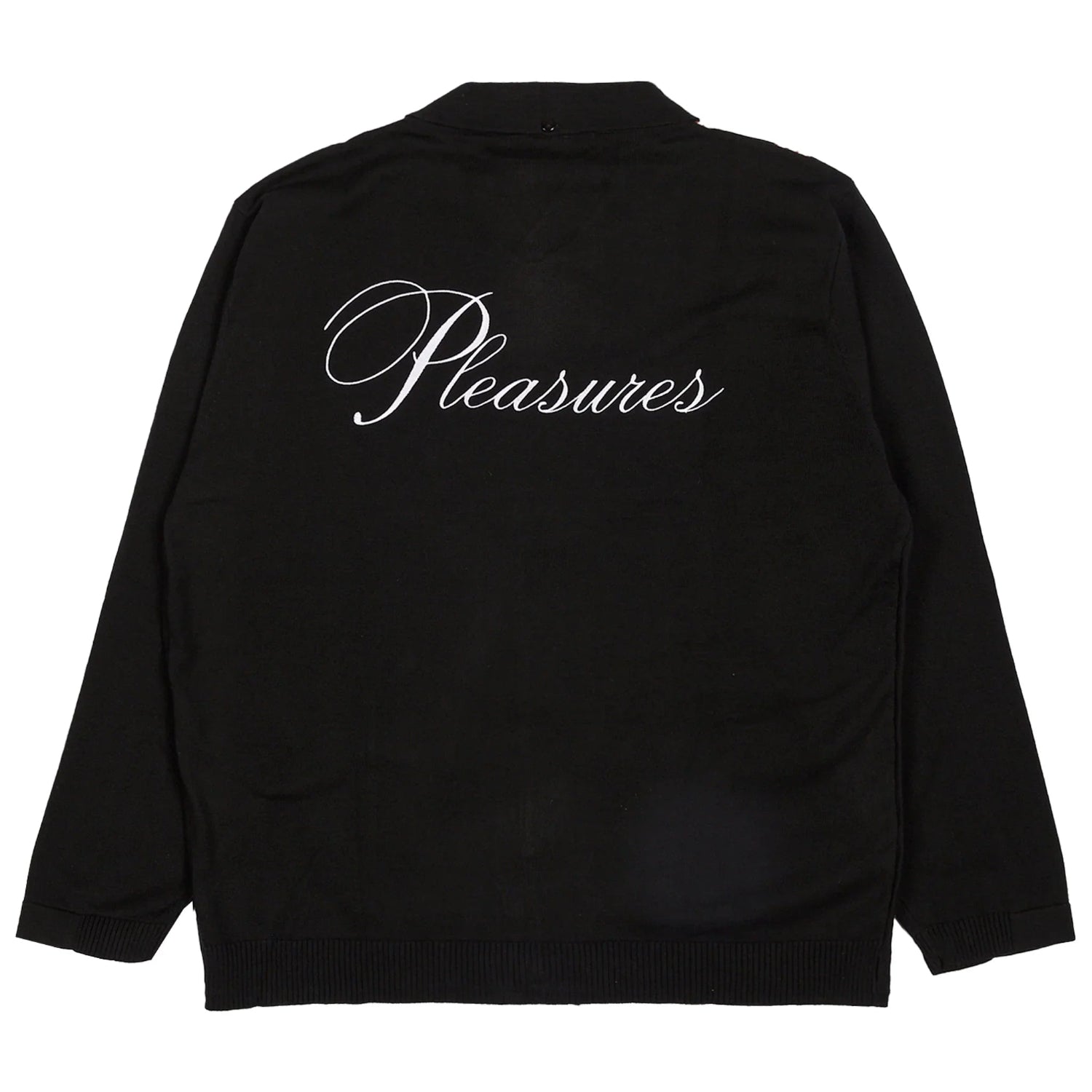 Black woven cardigan sweater with Pleasures script on the back, long sleeve streetwear