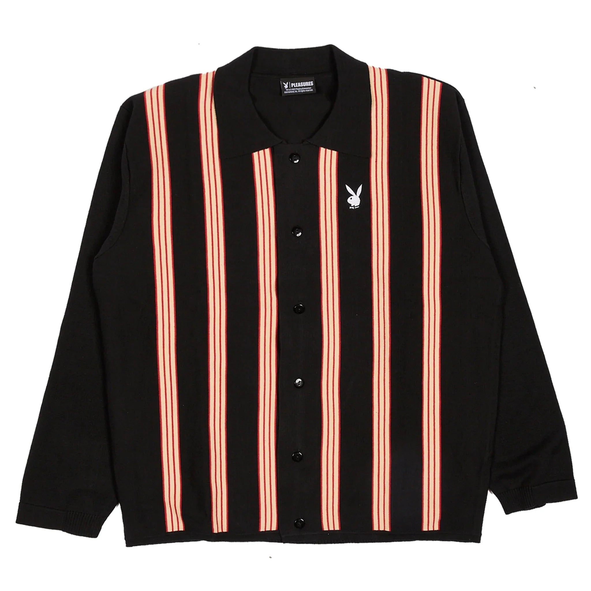Black cardigan sweater with red vertical stripes and white bunny logo on the chest