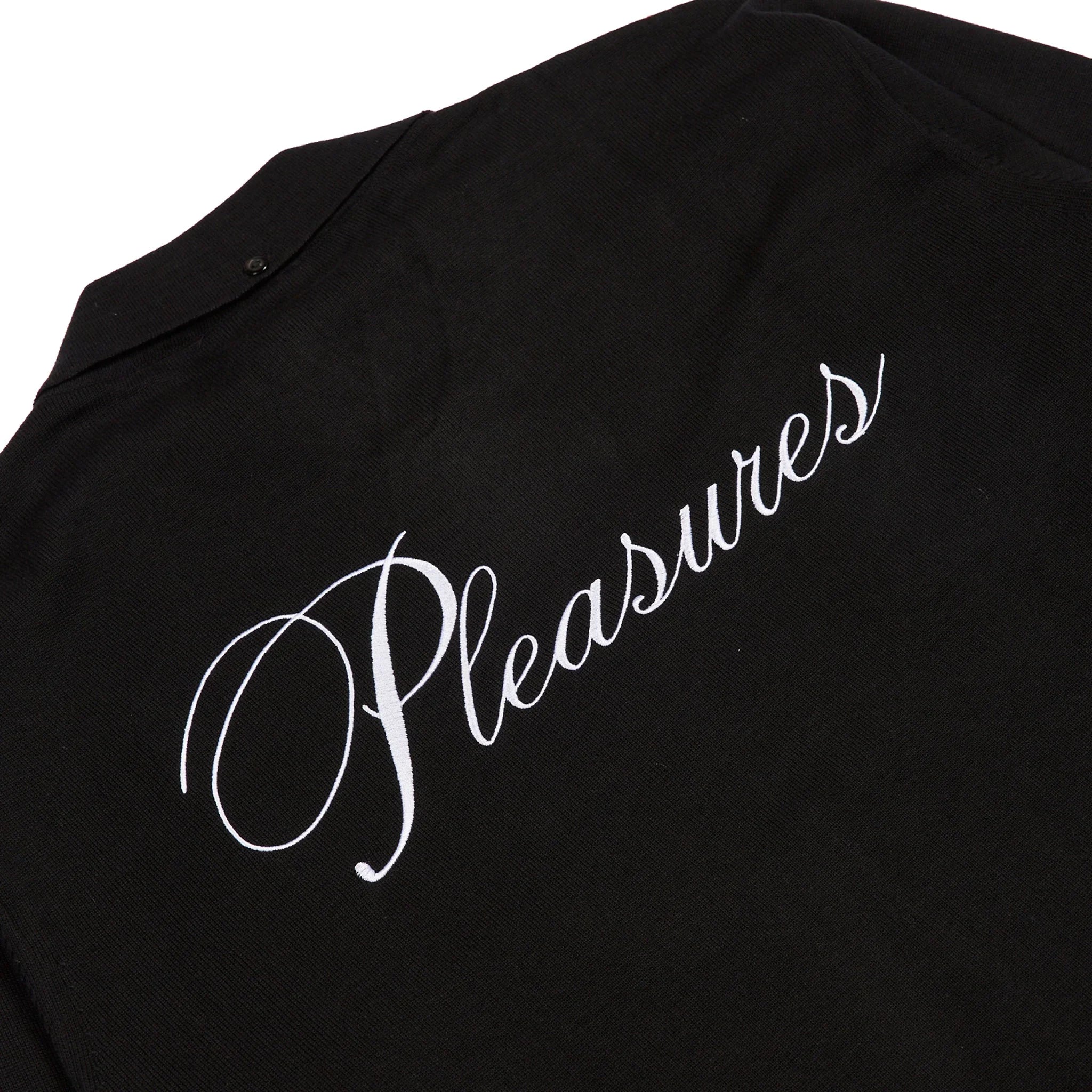 Black woven cardigan sweater with Pleasures script embroidered on the back