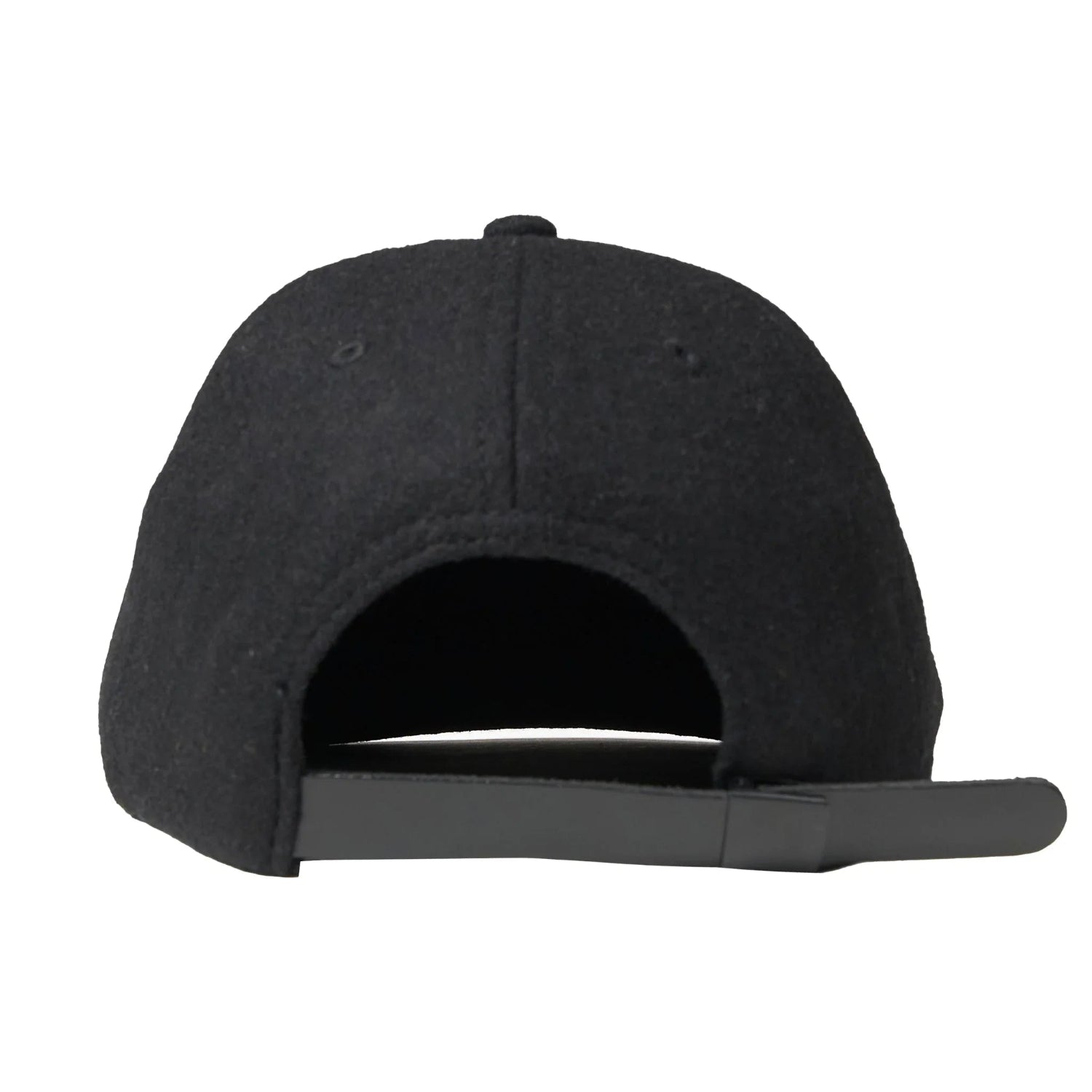 Back view of black wool strapback hat with adjustable closure