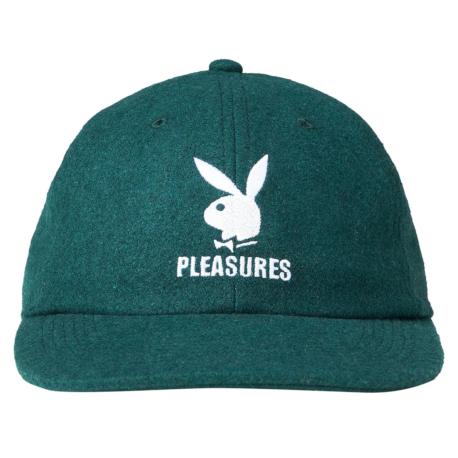 Green wool strapback hat with white bunny logo and PLEASURES embroidered on front