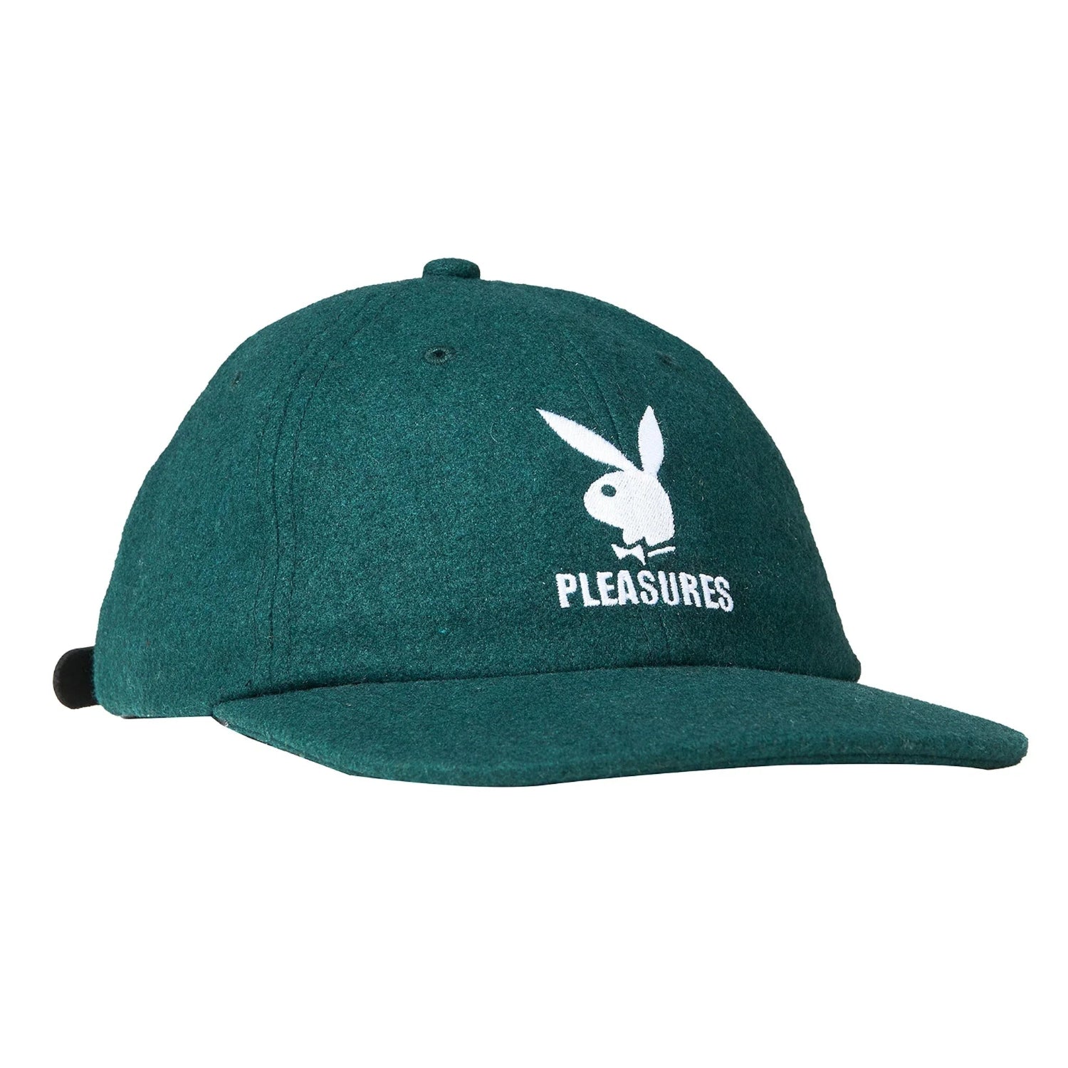 Green wool strapback hat with white rabbit head logo and 'PLEASURES' text embroidered on front