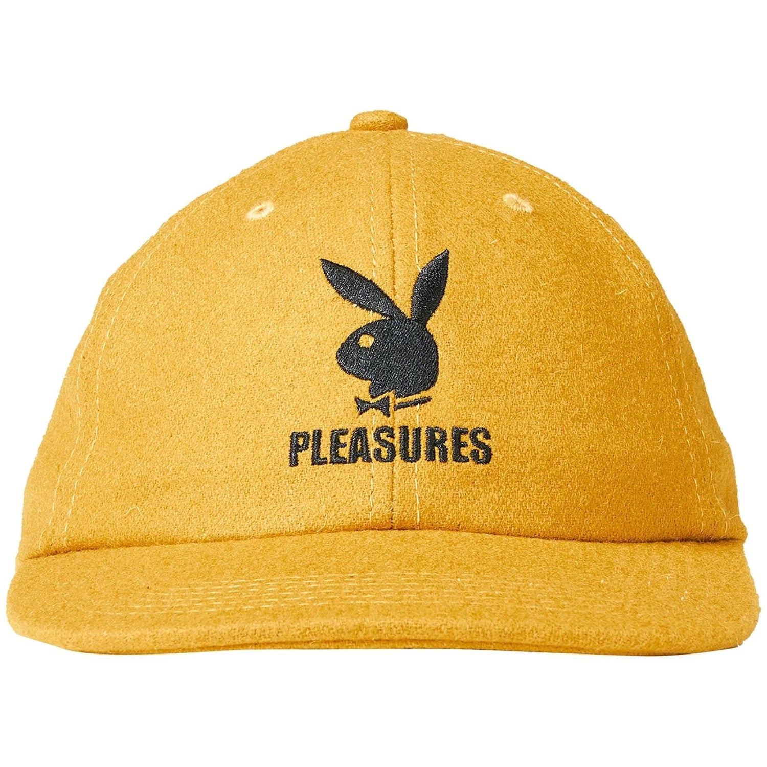 Yellow wool strapback hat with black rabbit head logo and 'PLEASURES' embroidered on front