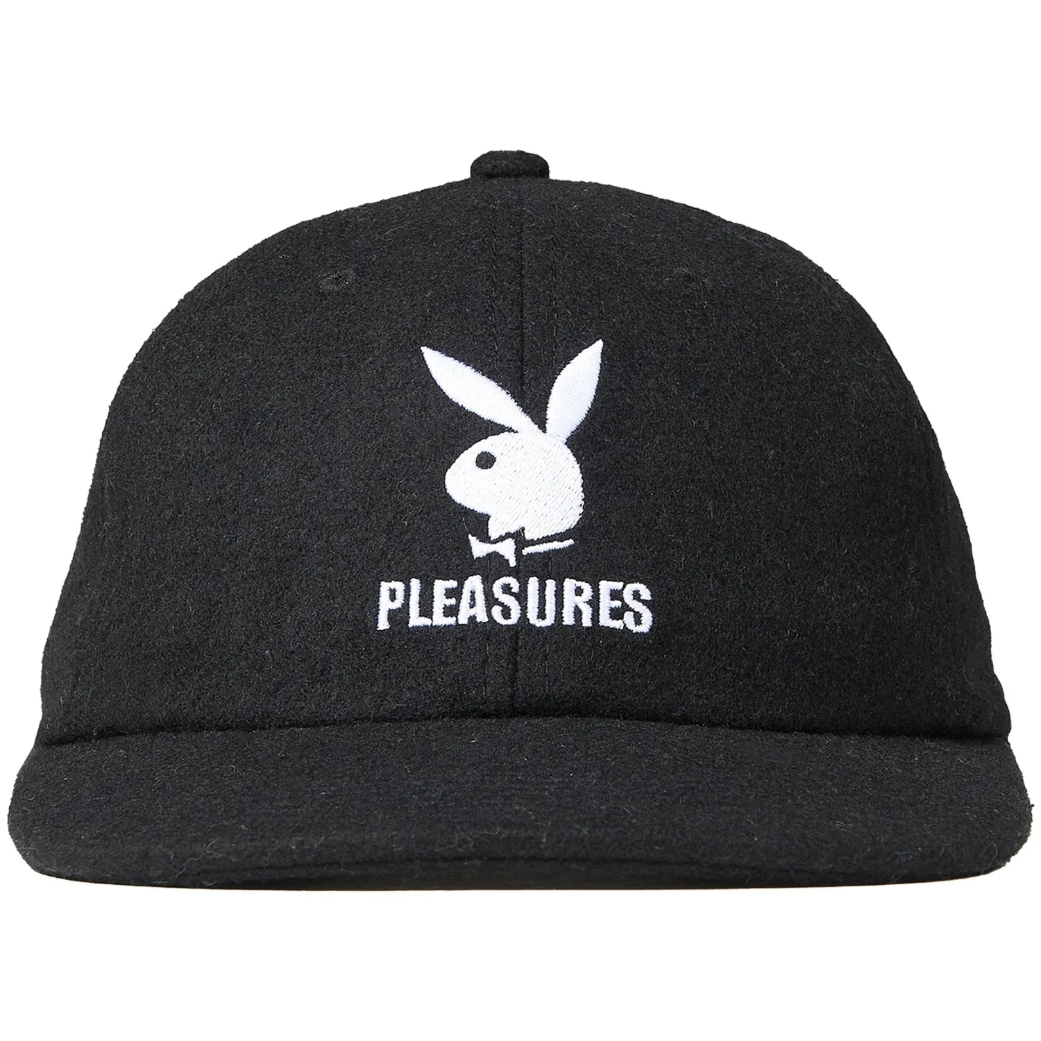Black wool strapback hat with white bunny logo and 'PLEASURES' text embroidered on front