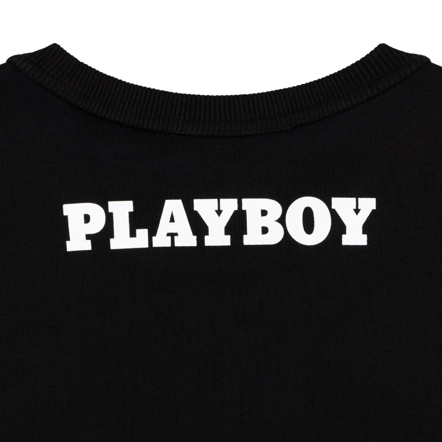 Black crewneck sweatshirt with bold white PLAYBOY text on the back
