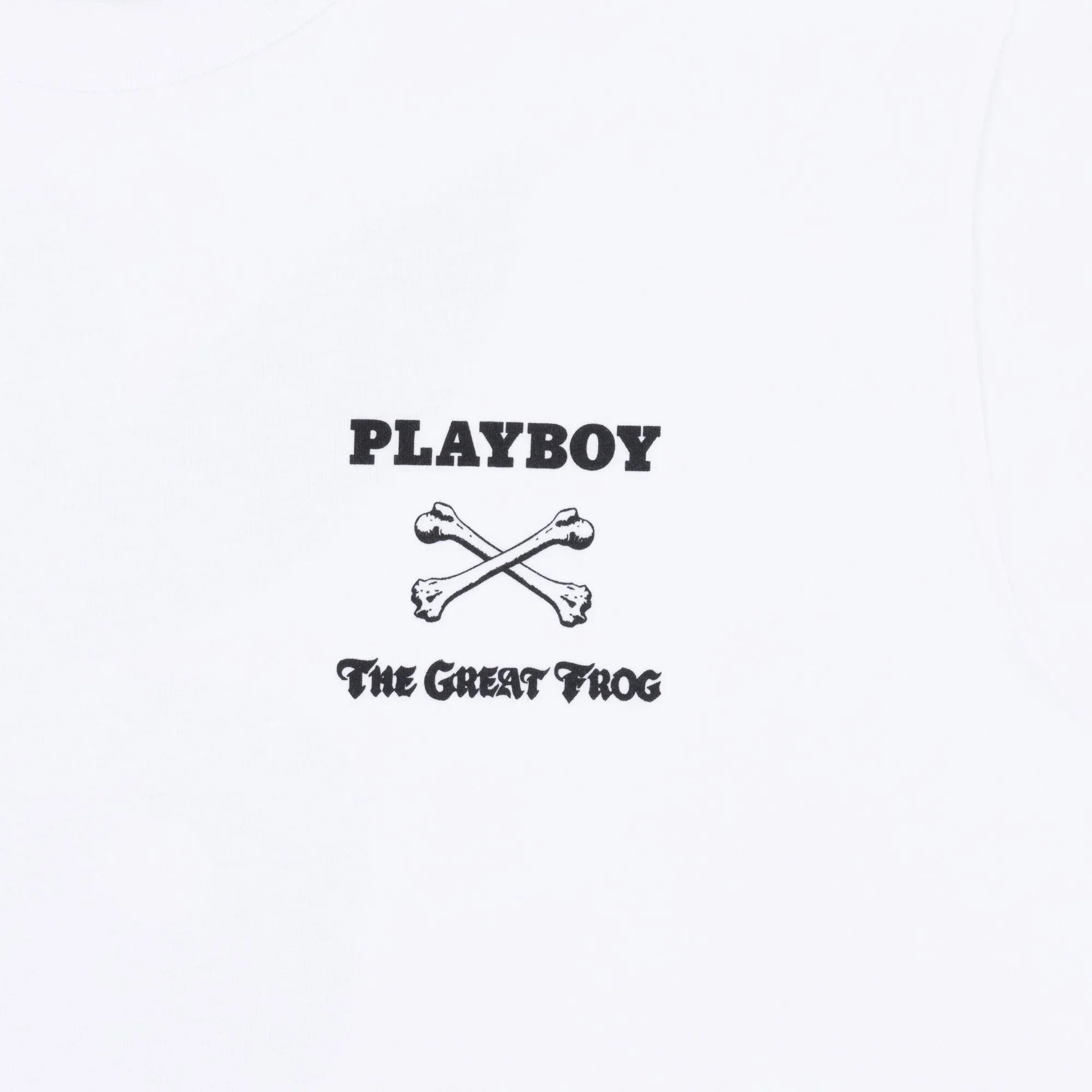 White t-shirt with black PLAYBOY and The Great Frog logo and crossed bones graphic